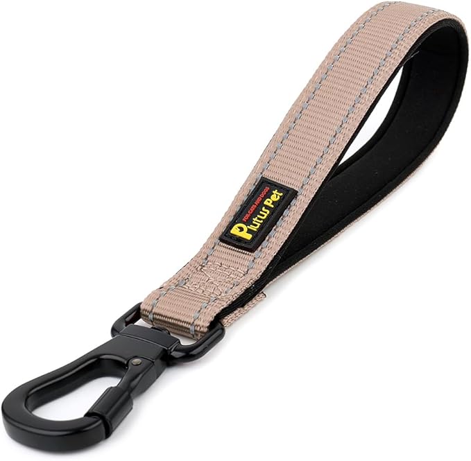 PLUTUS PET Short Dog Leash, Reflective Nylon Padded Handle, Strong Traffic Leash with Carabiner Clip, Perfect for Large or Medium Dogs (10”,Beige)