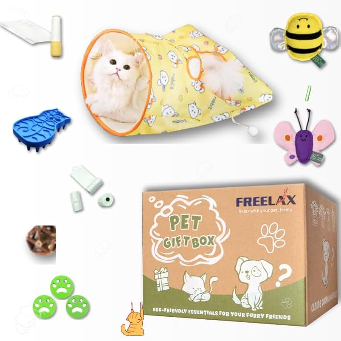 Eco-Friendly Cat Gift Box β 7-Piece Set with Organic Catnip Toys, Feather Wand, Blanket & Pop-Up Cat Cave for Indoor Cats and Kittens