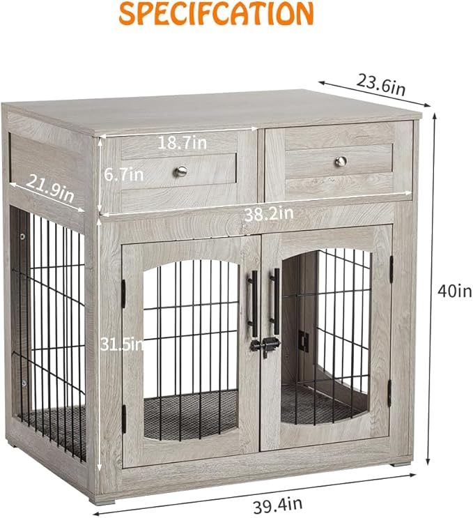 Dog Crate Furniture for Large Dogs, Wooden Dog Kennel Indoor with Double Doors, Dog Cage with Cushion & Drawers, Dog House Side End Table for Large Medium Dogs up to 70 lb, 39.4β L, Grey