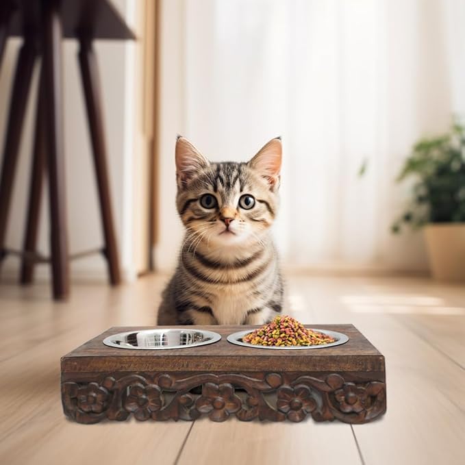 Elevated Pet Feeder for Dogs and Cats - The Bali Carved Wood Pet Feeding Stand with Two Stainless Steel Bowls - Three Heights Adjustable Raised Dog Bowl - Food Water Pet Feeding Station - IRONGATE