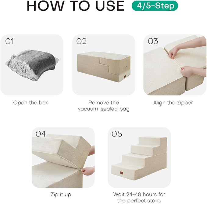 Dog Stairs for High Bed, Dog Steps for Bed Couch Sofa, 35D Foam Extra Wide Pet Steps for Small Dogs and Cats, Pet Stairs with Non-Slip Bottom Beige, 4 Steps
