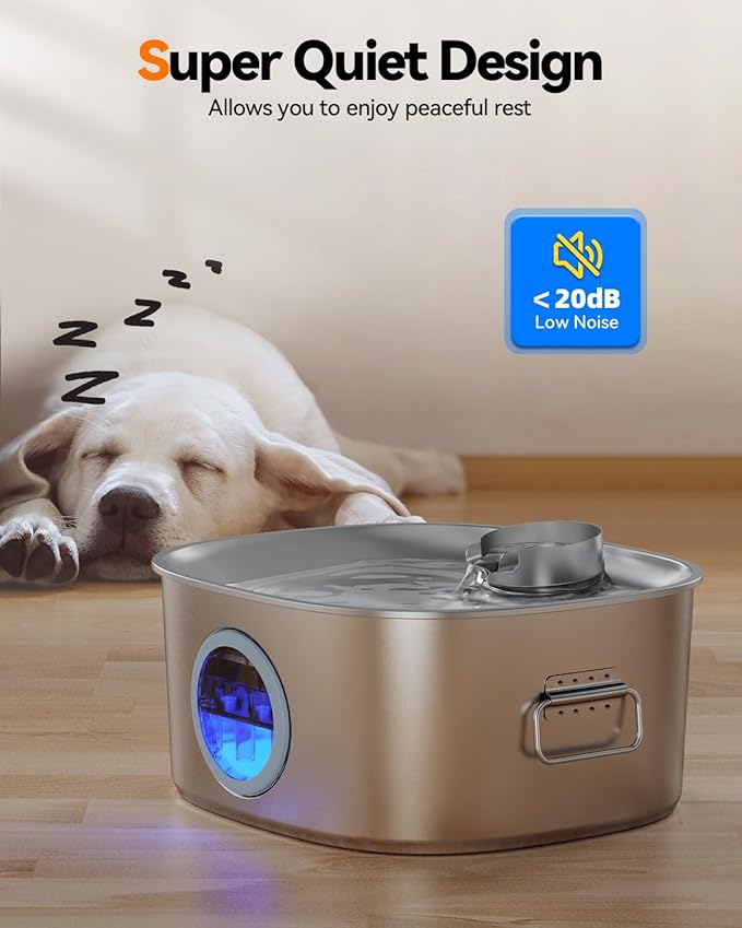 Dog Water Fountain Stainless Steel, 11L/2.8Gal Large Pet Water Fountain for Large Dogs Inside, Dog Fountain Water Bowl Automatic Dispenser with Visible Window & LED, Ultra Quiet (with 8pcs Filters)