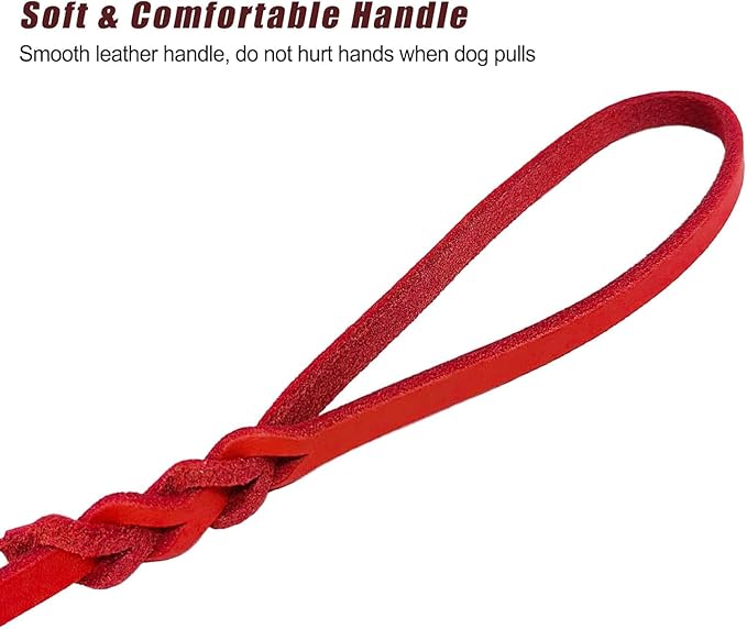 LWBMG Leather Dog Leash - 4ft x 1/2 inch, Braided, Comfortable Training Leash for Small & Medium Dogs - Red