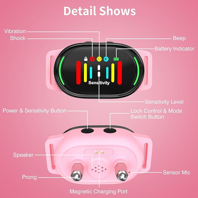 PetJoy Smart Bark Collar, Dog Bark Collar for Small Medium Large Dogs, Anti Bark Collar with Optional Shock - 3 Sensitivity Levels, Vibration or Shock Mode 2 in 1