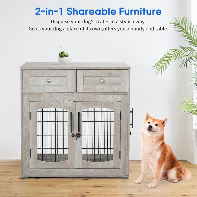 Dog Crate Furniture for Large Dogs, Wooden Dog Kennel Indoor with Double Doors, Dog Cage with Cushion & Drawers, Dog House Side End Table for Large Medium Dogs up to 70 lb, 39.4β L, Grey