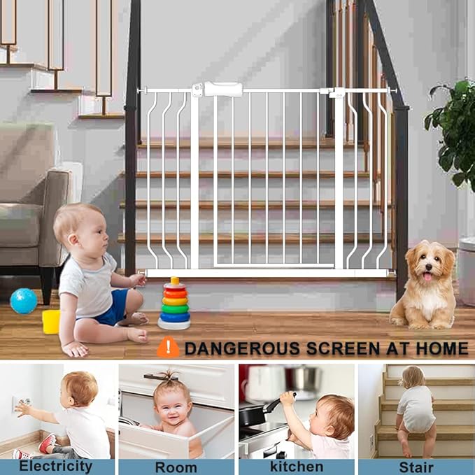 Extra Wide Baby Gate 34-38.5 Inch Wide with Pressure Mounted Extention Kit Walk Through Pet Gate Safety Child Gate for Stairs Doorways Kitchen Living Room