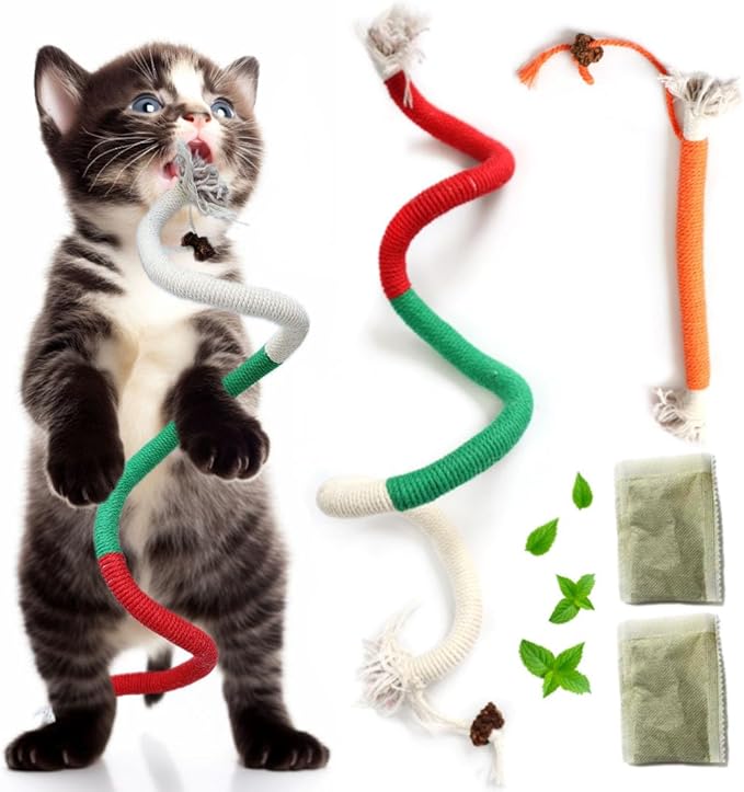 Kittens Toys,Cat Chew Toys for Indoor Cats, Catnip Toy for Teeth Cleaning, Interactive Cat Nip Teething Rope Toys for Cats Kitty, 2 Pack (27.56&7.87 inches,Plus 2 Packs of Catnip)