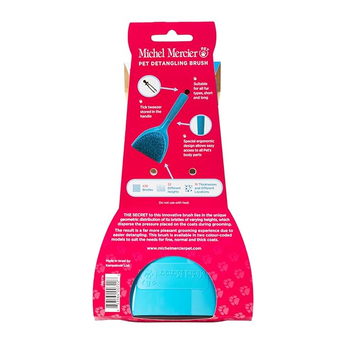 Michel Mercier Pet Detangling Brush - Thick Coat Dog & Cat Brush for Shedding & Grooming, Long/Short Haired Pets, Free Tick Remover Tool Included