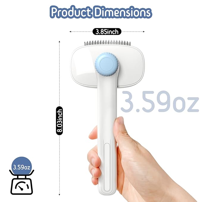 Self Cleaning Slicker Brush, 2-in-1 Cat Brush for Shedding, Skin Friendly Grooming Tool for Long & Medium-Long Hair Pets, Adjustable Bristle Length with Dematting Comb for Cats, Dogs (Blue)