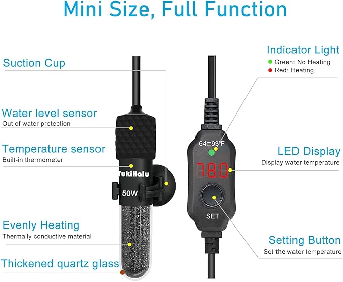YukiHalu Small Submersible Aquarium Heater, Adjustable Mini Fish Tank Heater 25W 50W 100W 200W 300W with External Temperature Controller, LED Display, Used for 5/10/20/40/60 Gallons (25 Watts)