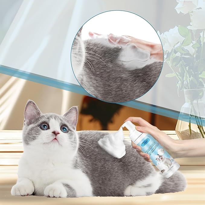 Waterless Cat Shampoo with Brush and Cloth, 6.8 FL OZ Cat Shampoo and Conditioner, Cat Dry Shampoo, No Rinse Formula for Quick Clean, Care for Cats and Kittens with Itching & Sensitive Skin
