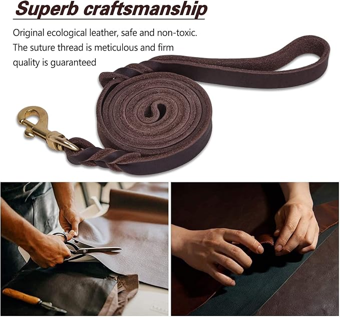 LWBMG Leather Dog Leash 6 ft x 1/2 inch, Heavy Duty Dog Leash, Strong Sturdy Genuine Leather Braided Dog Leash, Soft and Comfortable Leather Leash for Medium and Small Dogs Training