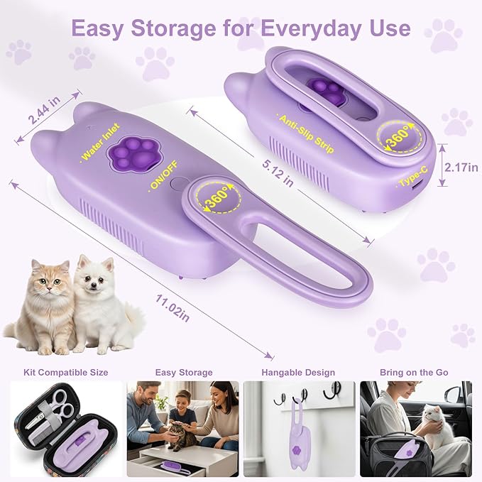 Rechargeable Cat Steam Brush with Mist Spray, 3-in-1 Pet Steam Brush for Long and Short Haired Cats and Small Dogs, Anti-Static, De-Shedding, Detangling, Massage, Purple Cat Design