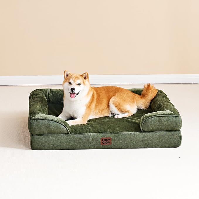 EHEYCIGA Orthopedic Dog Beds for Extra Large Dogs, Waterproof Memory Foam XL Pet Bed with Sides, Non-Slip Bottom and Egg-Crate Foam Big Dog Couch Bed with Washable Removable Cover, Dark Green