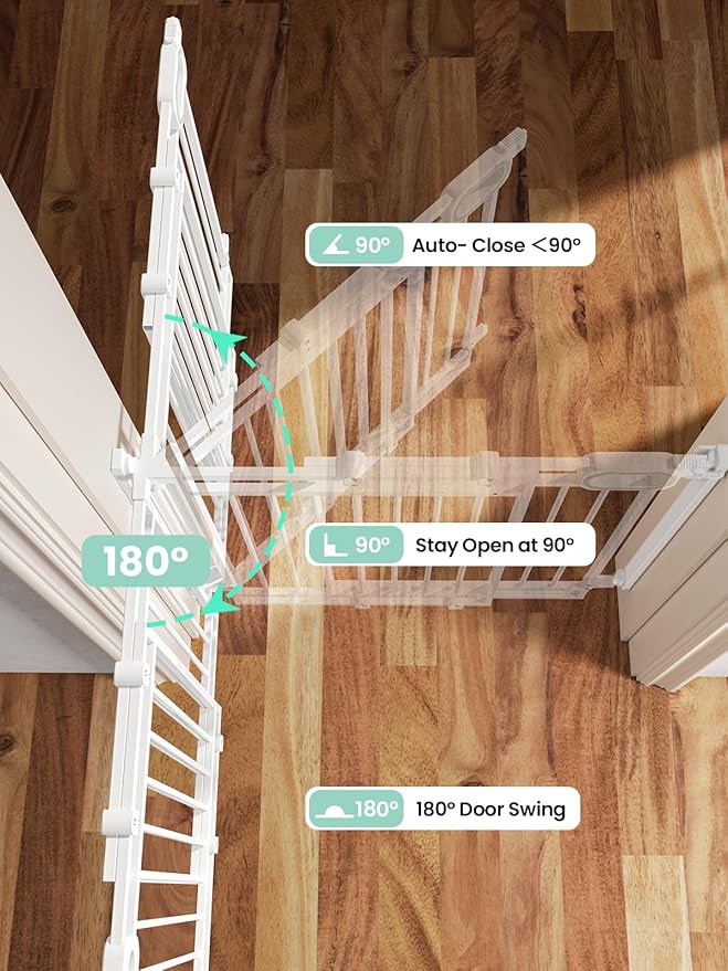 Grownsy Baby Gate for Stairs- No Bottom Bar, Adjustable Width 32โ to 48โ for Child and Pet, Dog Gate with Auto-Close & One-Hand Operation, Screw-in Installation for Doorways and Indoor Use