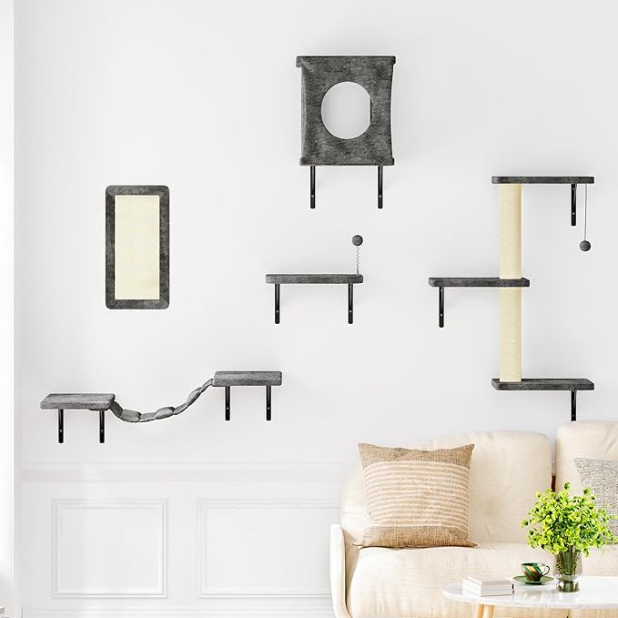 NUNU LAB Cat Wall Shelves Set, 5 Pcs Wall-Mounted Cat Climber with Cat House, Bridge, Scratching Post, Hammock, Wall Shelves, Gray