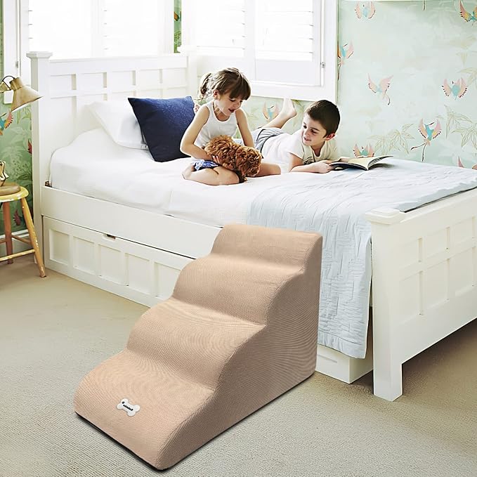 Dog Stairs, Removable and Washable Pet Stairs, 4-Steps Non-Slip Pet Ramp, Dogs Steps for High Bed Sofa, High Resilience Sponge Dog Stairs(White)