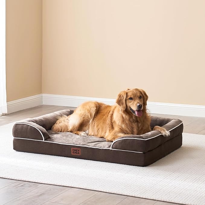 EHEYCIGA Orthopedic XL Dog Beds, Waterproof Memory Foam Dog Bed for Extra Large Dogs, Non-Slip Bottom and Egg-Crate Foam Big Pet Couch Bed with Washable Removable Cover, Brown