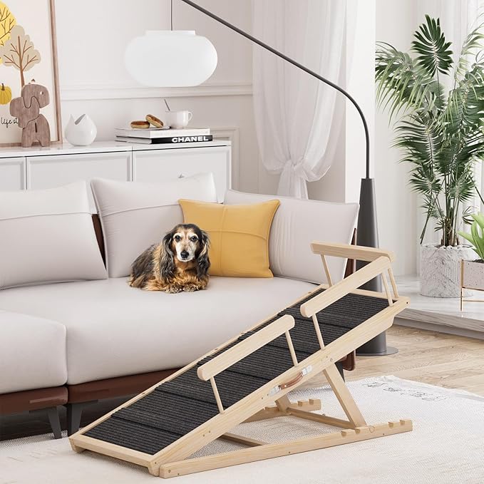 Dog Ramp for High Bed, Couch, Car, Pet Ramps 55.12" Long Adjustable 19.7"-27.6" Wooden Dog Step with High Traction Mat & Safety Side Rails for Small Medium Large Older Pets, up to 250 lbs