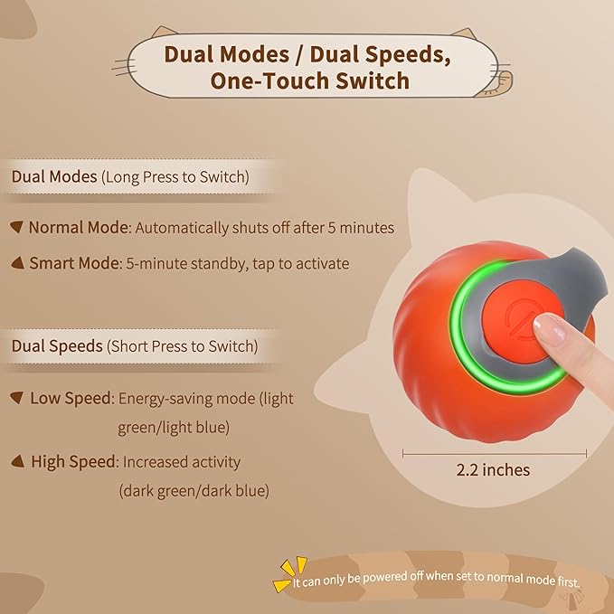 Speedy Tail 2.0 Interactive Cat Toy β Smart Self-Rolling Cat Ball with Feather Tail, Automatic Moving Motorized Toy for Indoor Cats, Chasing & Hunting Fun (Orange)