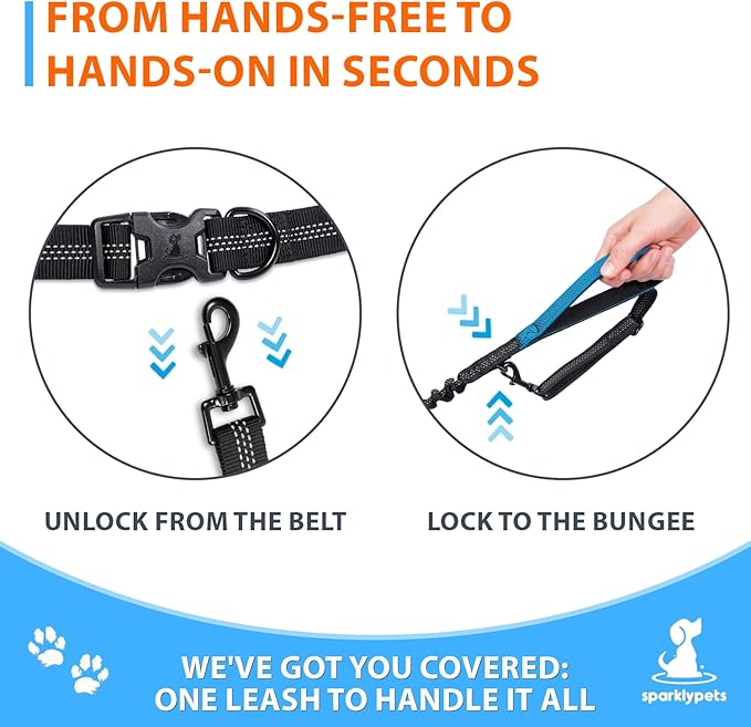 SparklyPets - Hands Free Double Dog Leash - Dual Leash for 2 Small Dogs - with Padded Handles, Reflective Stitches - No Pull, Tangle Free, for Dog Walking, Hiking, Canicross - for Small Dogs