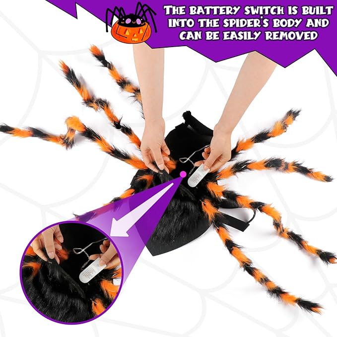 Dog Halloween Costumes, Furry Dog Spider Costume with 64 LED, Giant Spider Halloween Costume for Medium Large Dogs, Funny Costumes for Cat Pet Halloween Party Cosplay (Orange)