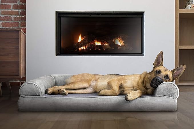 Furhaven Orthopedic Dog Bed for Large Dogs w/ Removable Bolsters & Washable Cover, For Dogs Up to 95 lbs - Faux Fur & Velvet Sofa - Smoke Gray, Jumbo/XL
