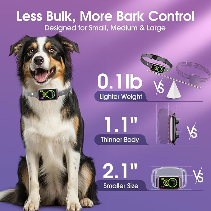 Smart Dog Bark Collar, Automatic Stop Bark Collar for Large, Medium, Small Dogs, Safe & Humane Barking Collar with Beep, Vibration & 7 Adjustable Sensitivity, Anti Barking Device IP67 Waterproof