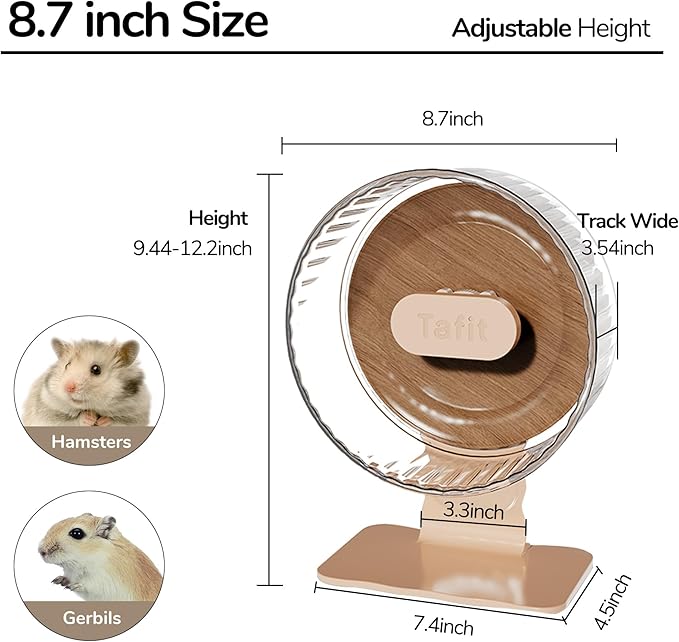 Silent Hamster Wheel 8.7 Inch Dual-Bearings Quiet Running Exercise Wheels with Wood Grain Backboard, Height Adjustable for Dwarf Hamsters, Gerbils, Mice, Hedgehog, Lemmings, Warm Brown