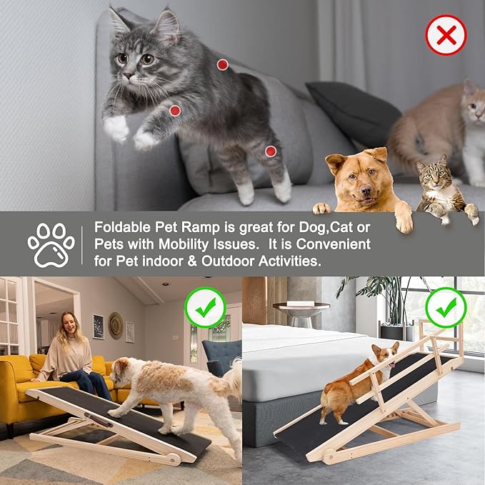 Folding Wooden Dog Ramp for Bed, Couch & Car,45IN Long- 5 Level Adjustable Pet Ramp, Non-Slip Rubber Mat, 17.7'' Extra Wide - Supports Small & Large Senior Dogs & Cats up to 200 lbs