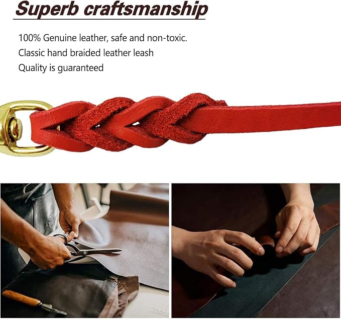 LWBMG Leather Dog Leash - 4ft x 1/2 inch, Braided, Comfortable Training Leash for Small & Medium Dogs - Red