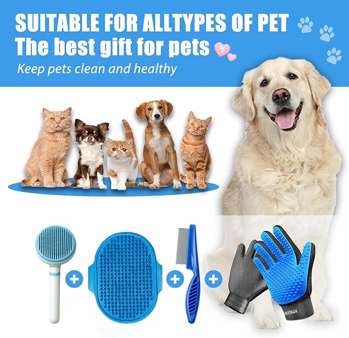 4Piece Dog Grooming Brush Set with Grooming Gloves, Deshedding Comb & Massage Bath Brush - Multifunctional Pet Hair Removal Tools for Shedding, Bathing, Brushing (Blue)