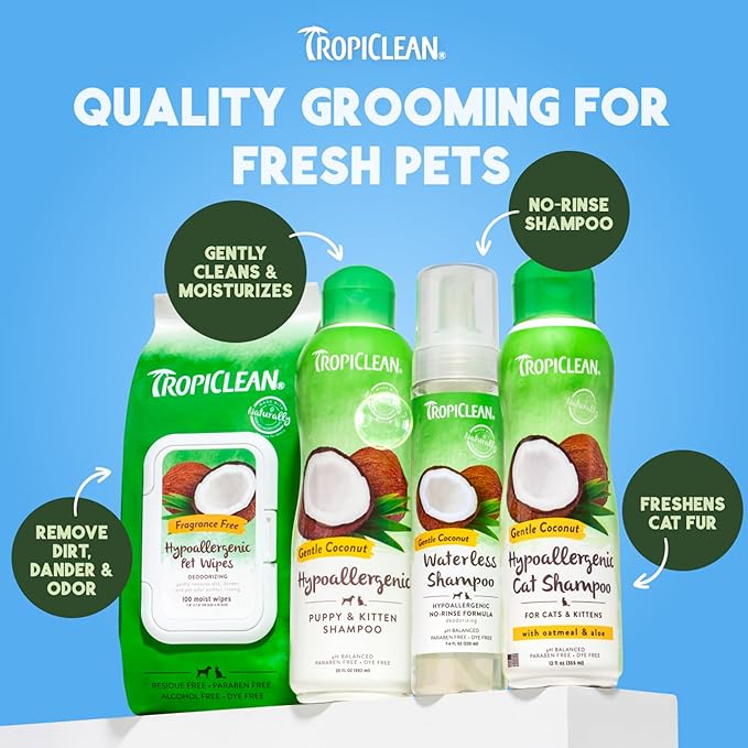 TropiClean Hypoallergenic Waterless Dog Shampoo | Dry Shampoo for Allergies & Sensitive Skin | Safe for Cats | Puppies & Kittens | No Rinse | 7.4oz