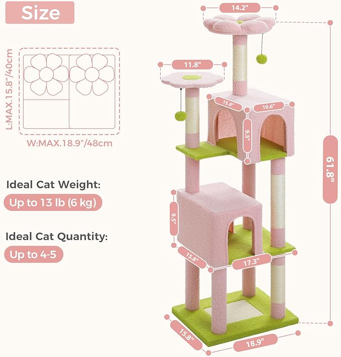 Flower Cat Tree, 62-Inch Tall Multi-Level Cat Tower with Scratching Posts for Large Indoor Cats, Plush Bed w/Padded Perches, Scratching Pad & 2 Green Pompoms, Pink