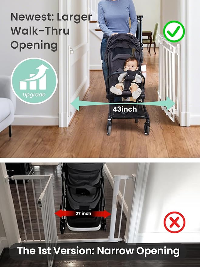 Grownsy Baby Gate for Stairs- No Bottom Bar, Adjustable Width 29.8โ to 43.5โ for Child and Pet, Dog Gate with Auto-Close & One-Hand Operation, Screw-in Installation for Doorways and Indoor Use
