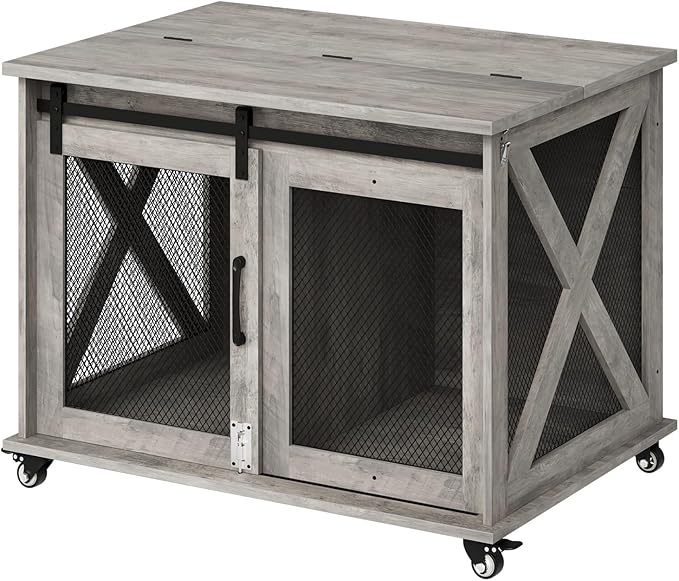 Dog Crate Furniture,37 Inch Indoor Dog Cage with Sliding Barn Door, Flip Top Dog Kennel End Table with Removable Divider, Farmhouse Wooden Pet House for Small to Middle Size Dogs