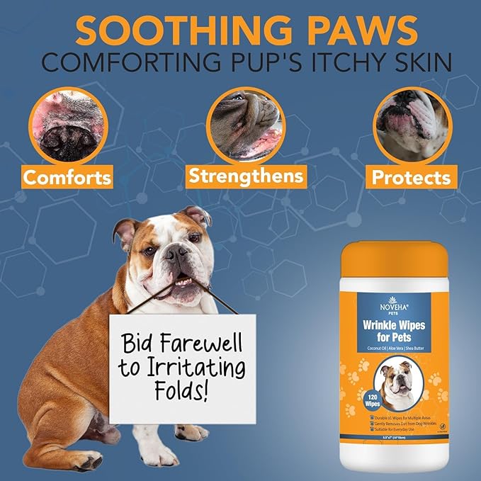 NOVEHA Wrinkle XL Wipes for Dogs | Wipes for Bulldog, French Bulldog, Pug, English Bulldog β Wipes for Multiple Areas Removes Dirt, Wrinkles, Folds, Tear Stain, Tail Pockets & Paws (240 Counts)