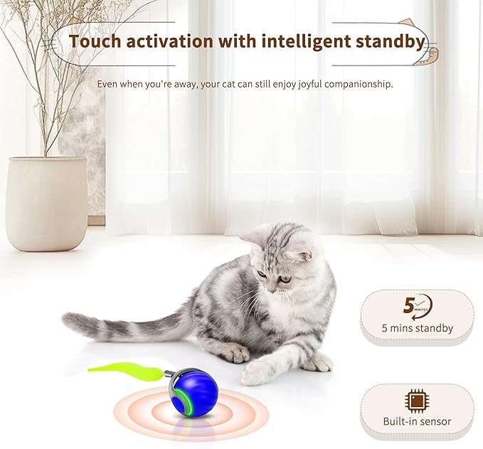 Speedy Tail 2.0 Interactive Cat Toy β Smart Self-Rolling Cat Ball with Feather Tail, Automatic Moving Motorized Toy for Indoor Cats, Chasing & Hunting Fun (Blue)