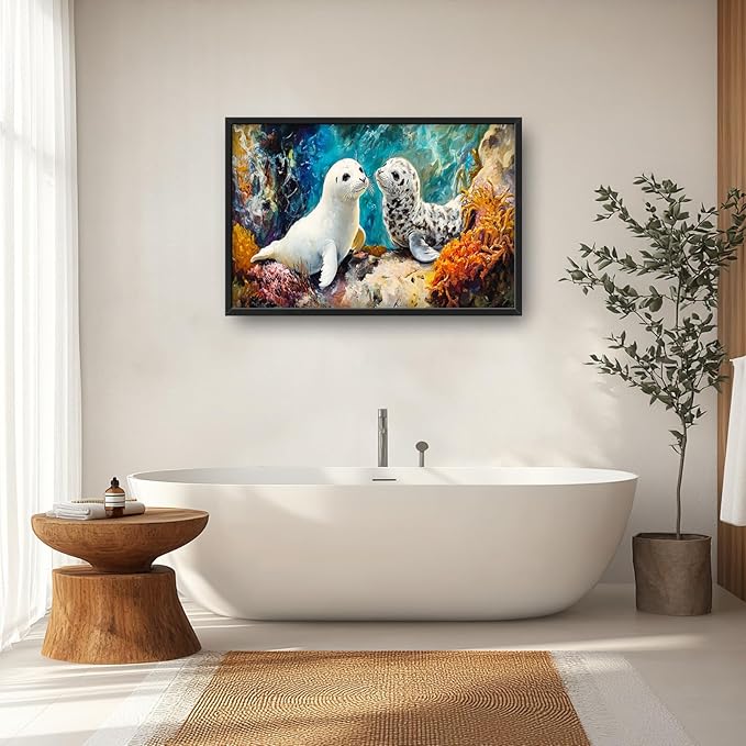 Extra Large Seal Framed Wall Art for Living Room,Oversized Underwater Animal Pictures Wall Decor,Ocean Coral Reef Canvas Print Painting Modern Artwork Bedroom Office Bathroom 36L" x 24W"