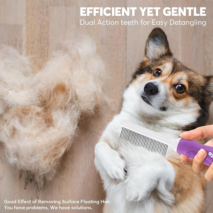 Detangling Pet Comb for Dogs & Cats with Long & Short Stainless Steel Metal Teeth for Removes Tangles and Knots - Detangler Grooming Tool for Dematting Matted Fur.