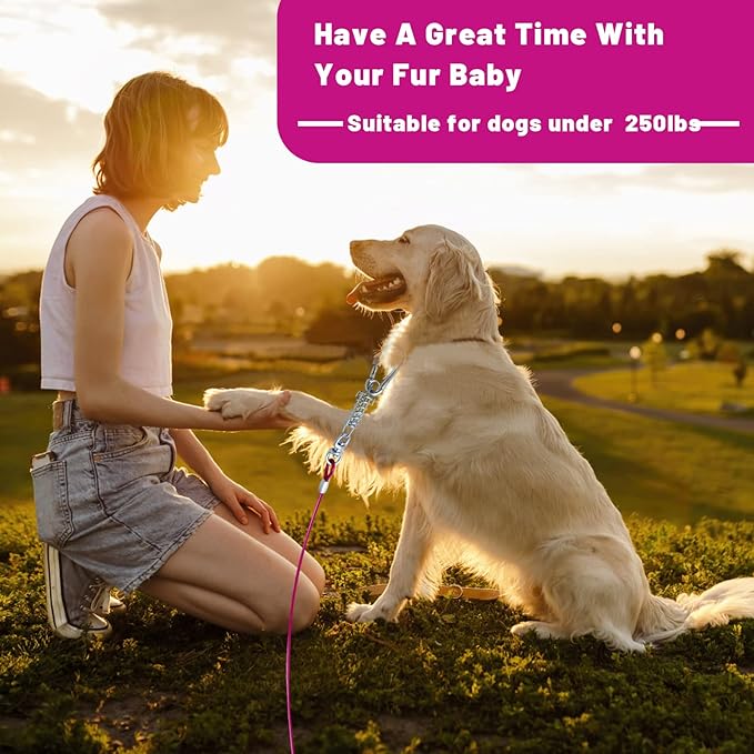 Dog Tie Out Cable - 10/15/20/25/30FT Heavy Duty for Large Dogs Up to 250LBS - Rosy Pink/Blue/Purple/Silver/Red/Green/Yellow