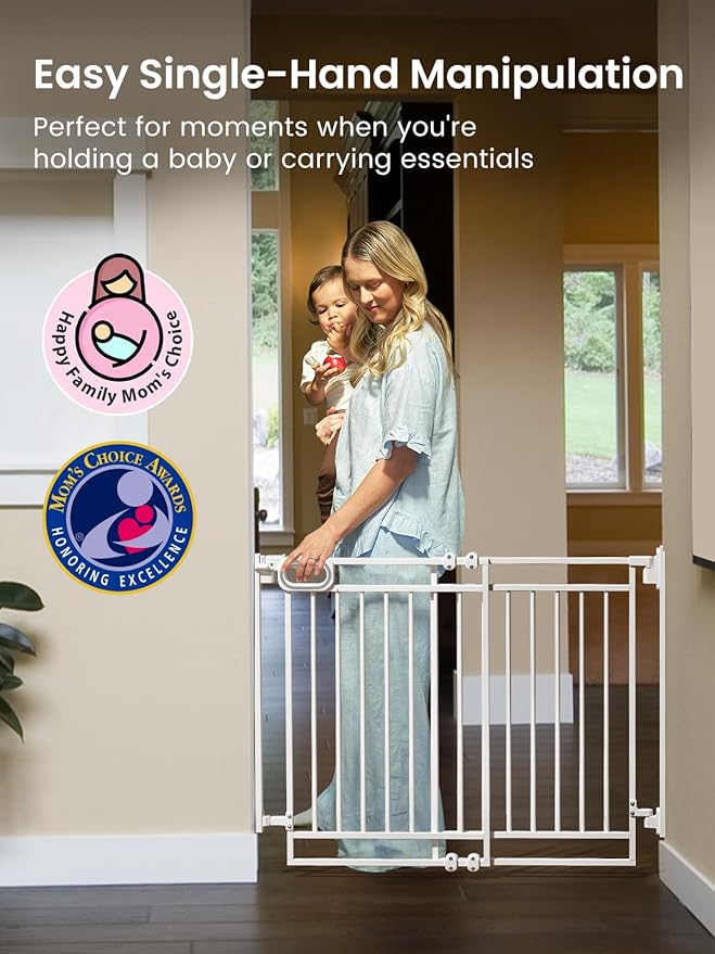 Grownsy Baby Gate for Stairs- No Bottom Bar, Adjustable Width 32โ to 48โ for Child and Pet, Dog Gate with Auto-Close & One-Hand Operation, Screw-in Installation for Doorways and Indoor Use