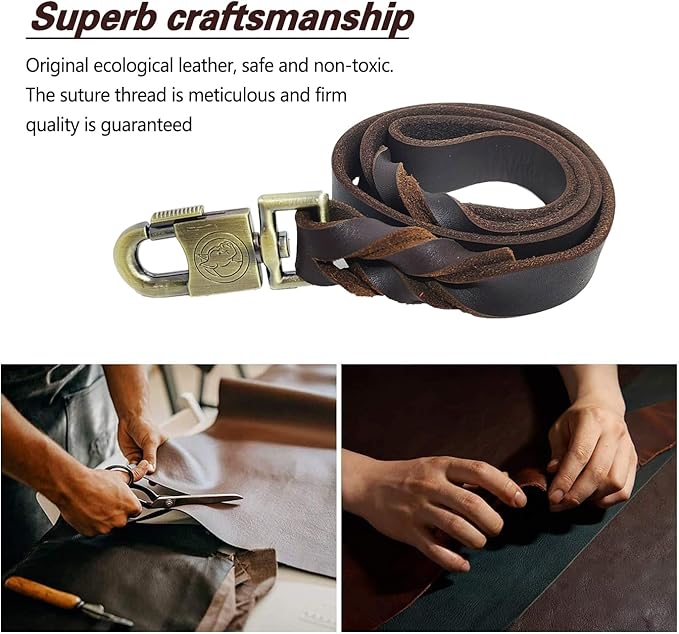 LWBMG Leather Dog Leash 3 ft Upgrade Braided Thick Genuine Leather Dog Leash with Lock Head Hook Short Heavy Duty Pet Training Lead for Medium Large Dogs