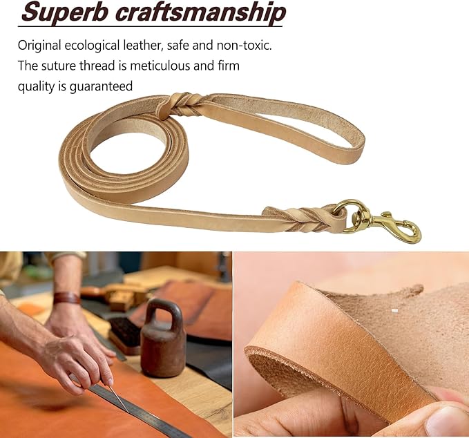 LWBMG Leather Dog Leash - 4ft Heavy Duty, Braided, Comfortable for Large, Medium & Small Dogs - Tan