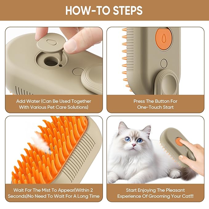 4-in-1 Cat Steam Brush for shedding–Self-Cleaning Comb for Long and Short Hair Cats and Dogs, Steam Pet Brush for Hair Removal, Vibrating Message, Grooming & Relaxation (Khaki)
