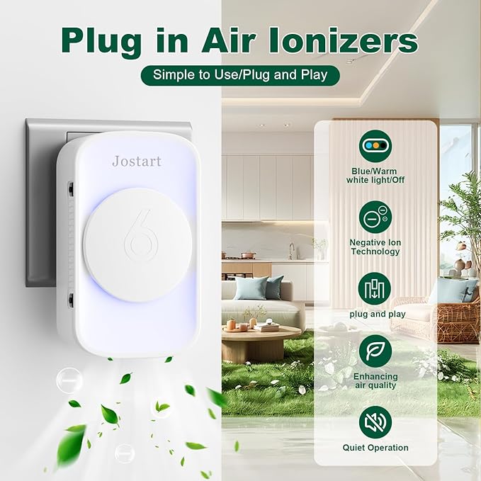 JOSTART- Air Ionizers (1 Pack)- Plug In Negative Ion Air Purifiers - Quiet Air Freshener for Home, Bedroom, Office, Basement - Portable Air Purifier Odor, Smoke, Dust, Pet Smell - Mini Air Cleaner