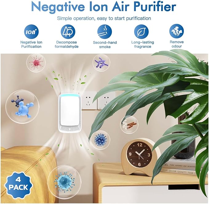 Plug In Air Ionizers - Negative Ion Technology Air Purifier - Quiet Operation Air Freshener for Home, Bedroom, Office, Garage Room - Portable Air Purifiers Odor,Pets Smell - Air Cleaner White (4 Pack)