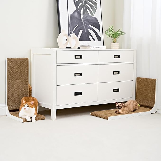 EHEYCIGA Cardboard Cat Scratcher for Indoor Cats, 26.8 Inch L Shaped Vertical Cat Scratching Board with Ball Cat Toy, Large Cat Scratcher Pad, White