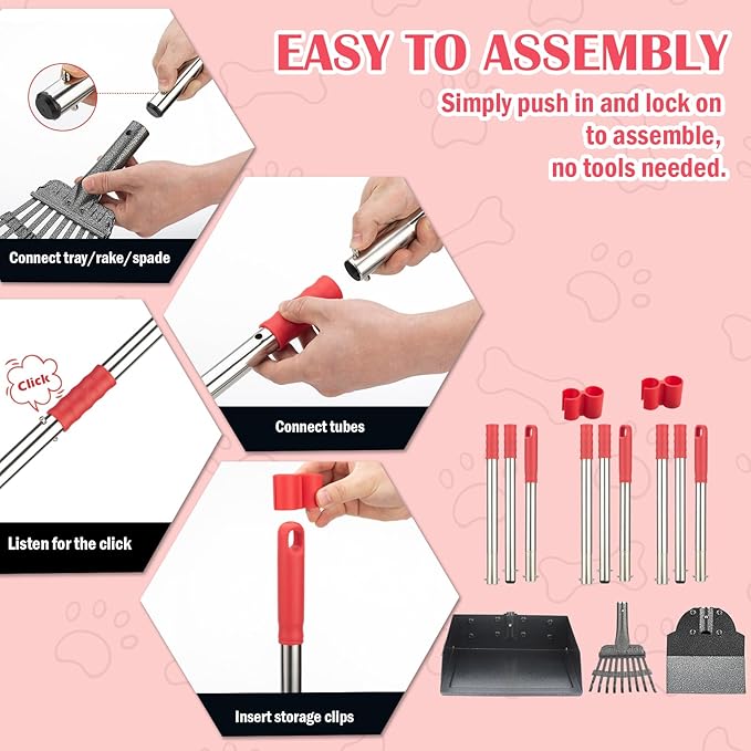 Dog Pooper Scooper Set, Pooper Scooper for Dog, Heavy Duty Stainless Steel Rake with Extra Large Tray & Spade No Bending Clean Up for Pet Waste Removal, for Grass, Dirt Or Gravel.