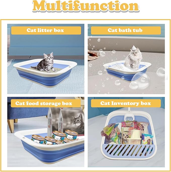 Foldable Kitty Litter Box Open Potty Pan Cat Toilet Portable Cats Litter Box Travel Litter with Scoop Waterproof Low Entrance for Kitten and Cat Toilet Easy Clean 17.7"×13.4"x4.9"(Blue)